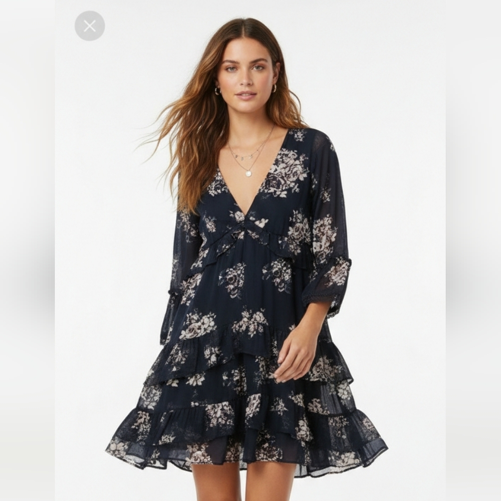 Xhiliration Dress Blue Purple Floral Midi Maxi Cottage Boho Ruffle Crochet M